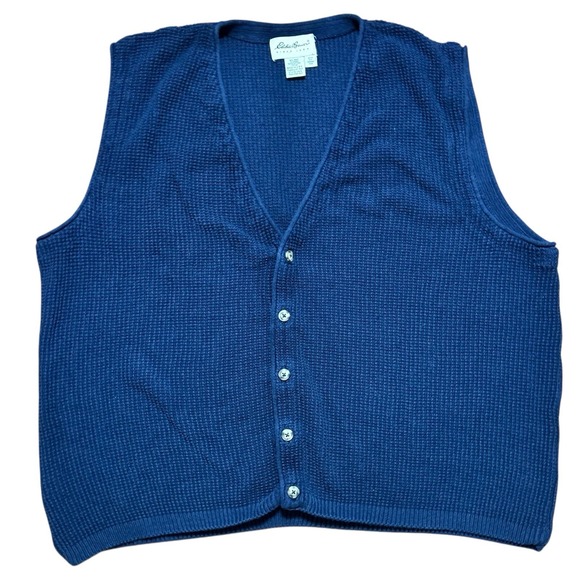 Vintage Eddie Bauer Sweater Vest Mens XXL Knit Cotton Cardigan USA Navy Blue‎ - Picture 1 of 8